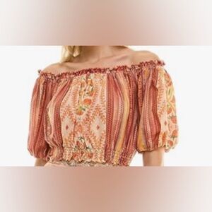 Maison Tara Brown and Orange Smocked Puff Sleeve Blouse